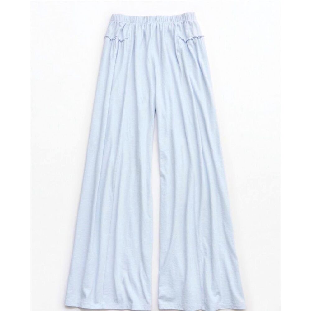 NEW Aerie Women Pants XS LONG TALL Happiest Wide Leg sky blue knit ruffle baggy